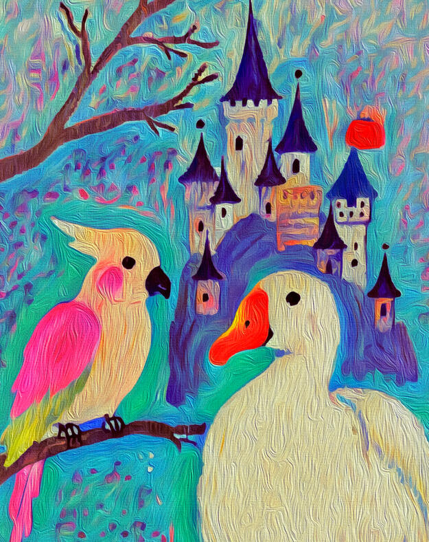 A vintage-style illustration featuring a duck-like robot and a pink parrot before a castle. Hover text reads “Duck Parrot Castle”.