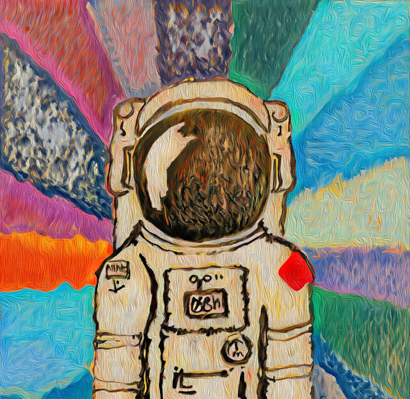 A playful and vibrant illustration of an astronaut in a mysterious dimension. Hover text reads “Trios”.