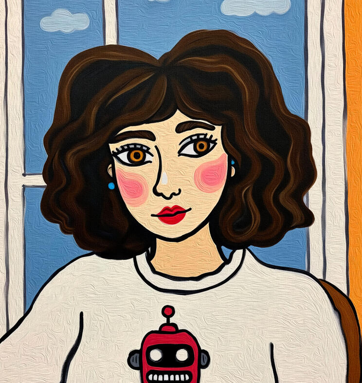An indie-style female illustration featuring a girl with big hair sitting in front of a large French window wearing a white sweater with a red robot print. Looks like she is contemplating in a relaxed mood. Hover text reads “Faces”.