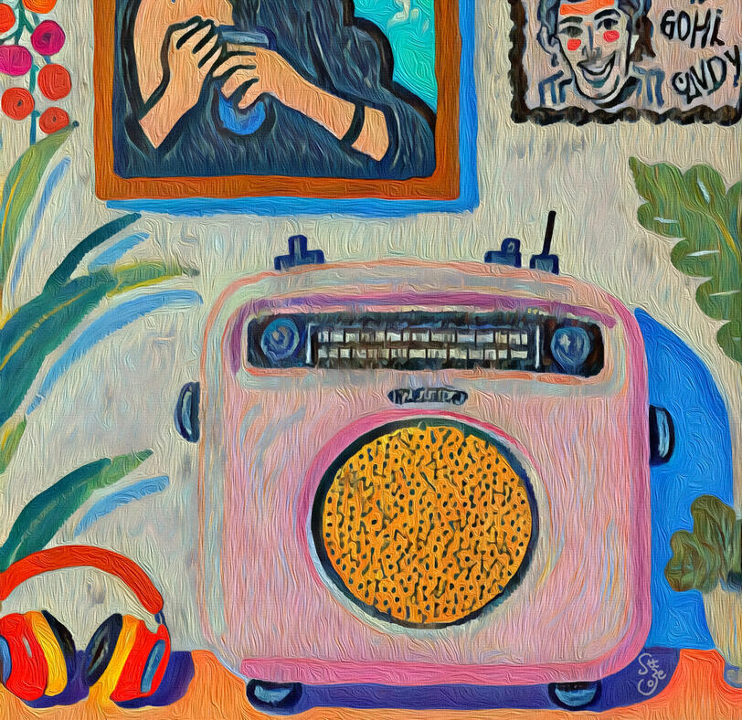 A abstract illustration featuring a pink retro in a hazy funky room. Hover text reads “Frequencies Hub”.