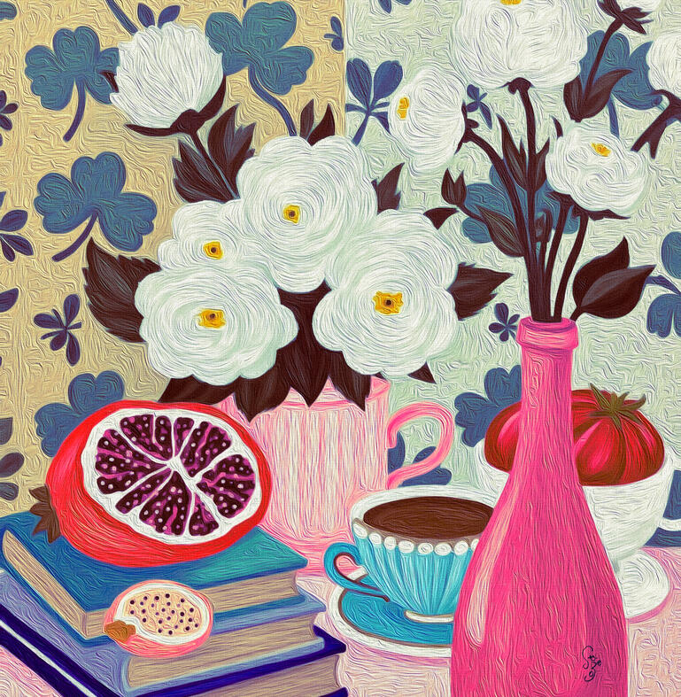 A soft colour illustration featuring a grandma aesthetic tablescape with books, pomegranate, teacup, flowers, bottle and clover wallpaper background . Hover text reads “Home: Odd & Sweet”.