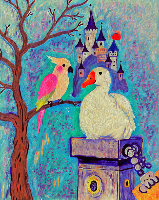 A vintage-style illustration featuring a duck-like robot and a pink parrot before a castle. Hover text reads “Duck Parrot Castle”.