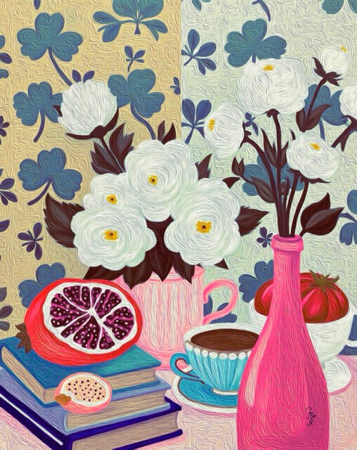 A soft colour illustration featuring a grandma aesthetic tablescape with books, pomegranate, teacup, flowers, bottle and clover wallpaper background . Hover text reads “Home: Odd & Sweet”.