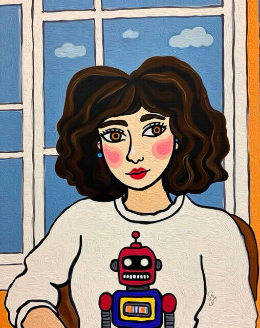 An indie-style female illustration featuring a girl with big hair sitting in front of a large French window wearing a white sweater with a red robot print. Looks like she is contemplating in a relaxed mood. Hover text reads “Faces”.