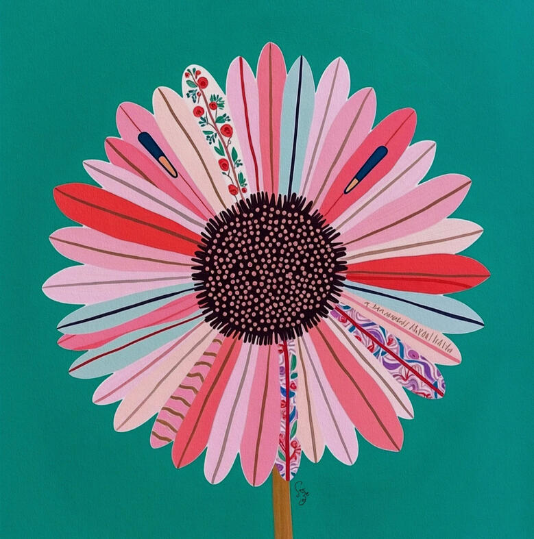 A bold and minimalistic illustration featuring a giant pink daisy flower with surf board petals. Hover text reads “Garden of Blooms & Tea”.
