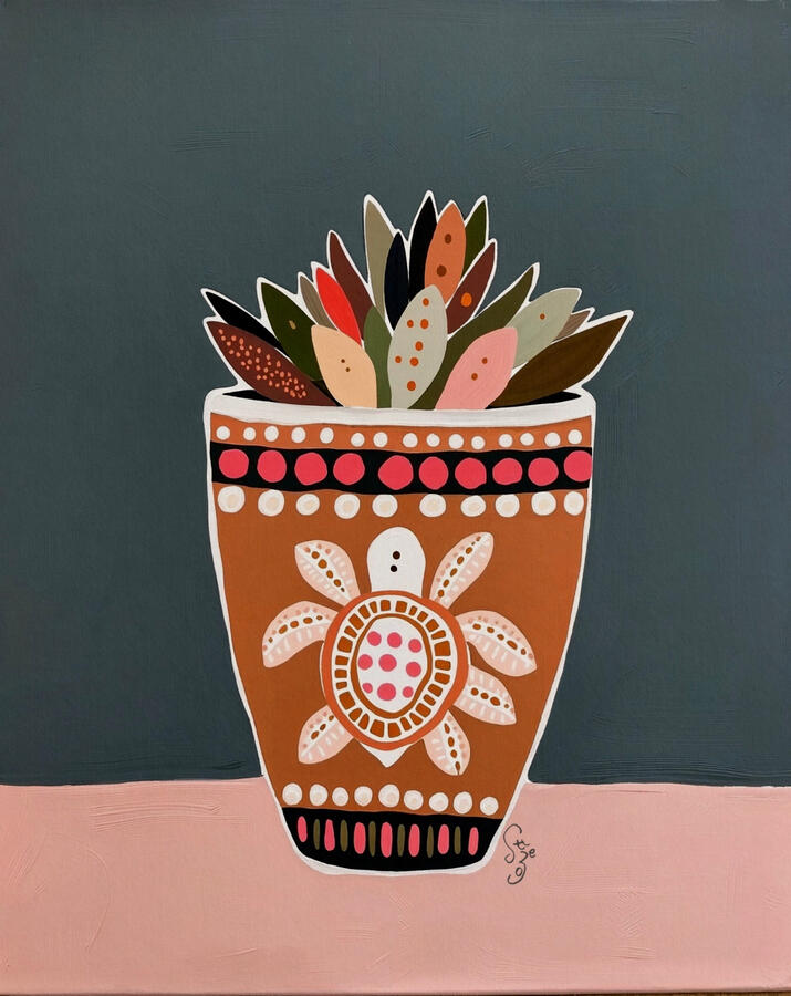stilllife painting of terracotta potted succulent with folk art turtle motif on the pot. slate blue background.