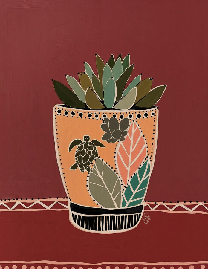 stilllife painting of terracotta potted succulent with folk art turtle motif on the pot. earthly red background. Artist Szeto’s small signature at the bottom corner of the pot.