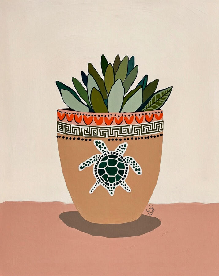 stilllife painting of terracotta potted succulent with folk art turtle motif on the pot. cream background and beige floor. Artist Szeto’s small signature at the bottom corner of the pot.