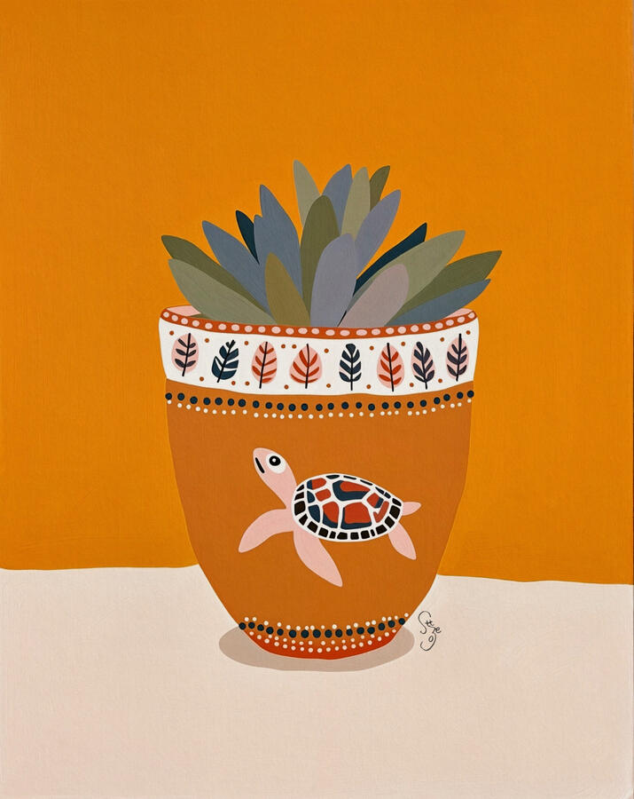 stilllife painting of terracotta potted succulent with folk art turtle motif on the pot. mustard yellow background.