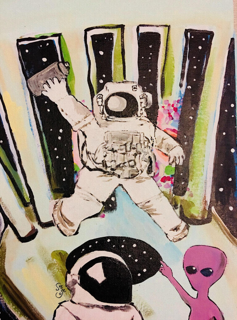 A surreal hand painting featuring an astronaut floating and spray painting in space craft with a phone, a black-and-white alien hat, and a pink little grey man alien figure painting its finger at him whilst another astronaut staring at the the alien.