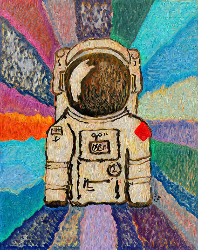 An expressive painting of an astronaut centered against a vivid, multicolored radial background with brushstroke textures. The astronaut is rendered in cream, beige, and brown tones with small red and black details.
