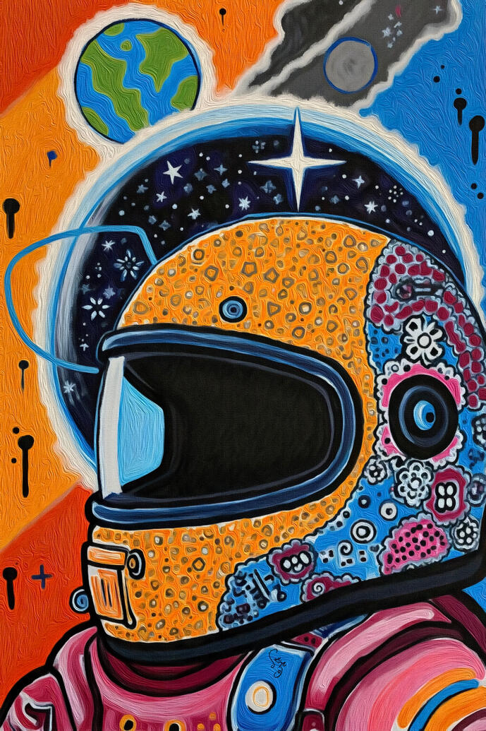 Colorful pop-art style painting of an astronaut in a patterned orange and blue helmet against a space-themed background with Earth, a planet, stars, and a rocket.