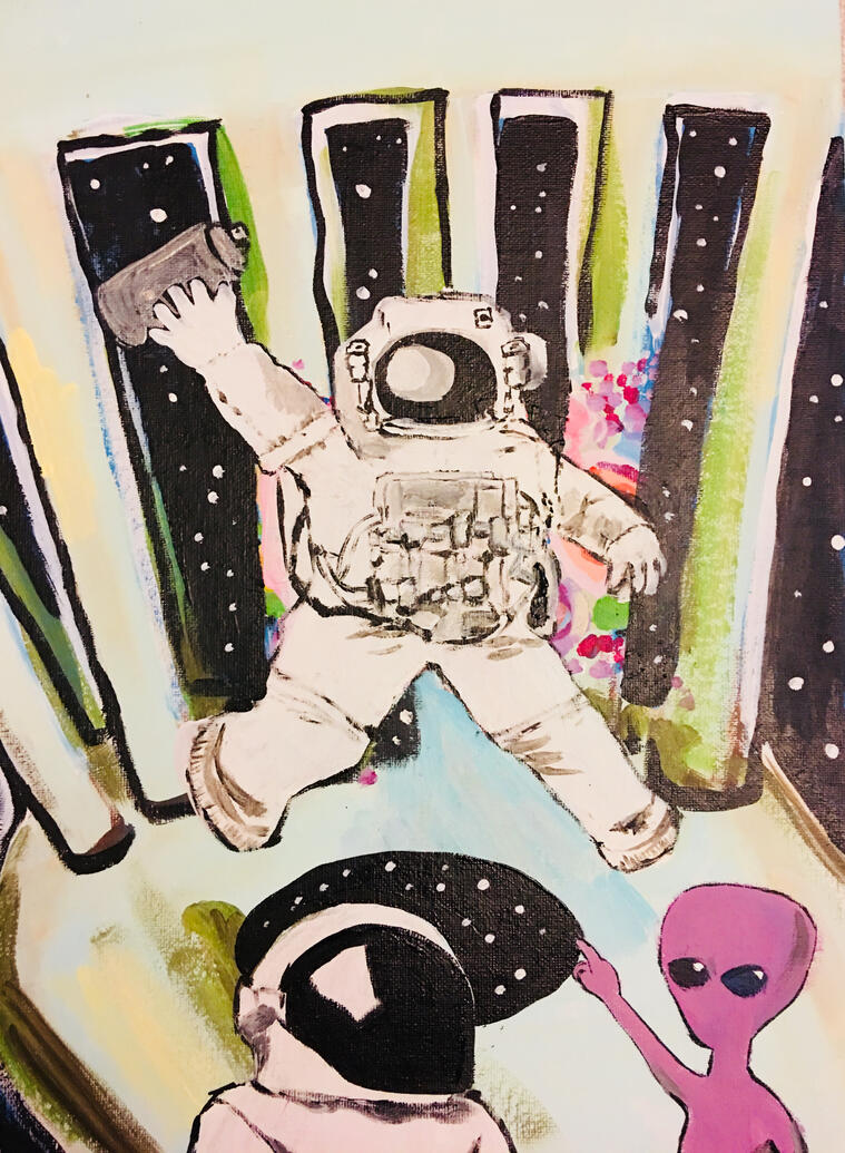 A surreal hand painting featuring an astronaut floating and spray painting in space craft with a phone, a black-and-white alien hat, and a pink little grey man alien figure painting its finger at him whilst another astronaut staring at the the alien.