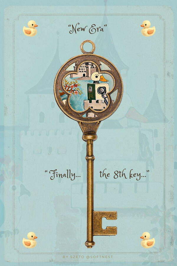 A vintage-style illustrated card titled “New Era,” showing a large antique golden key framing a duck-like robot and a blush parrot before a castle. The text reads, “finally, the eighth key...”