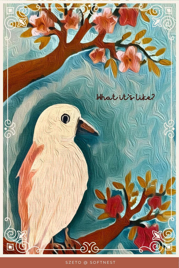 lowbrow style tactile painting of a cream and peach parrot on a branch with a castle in the background. Text “ “what it’s like?.”. Text at bottom ‘by szeto @softnest’.