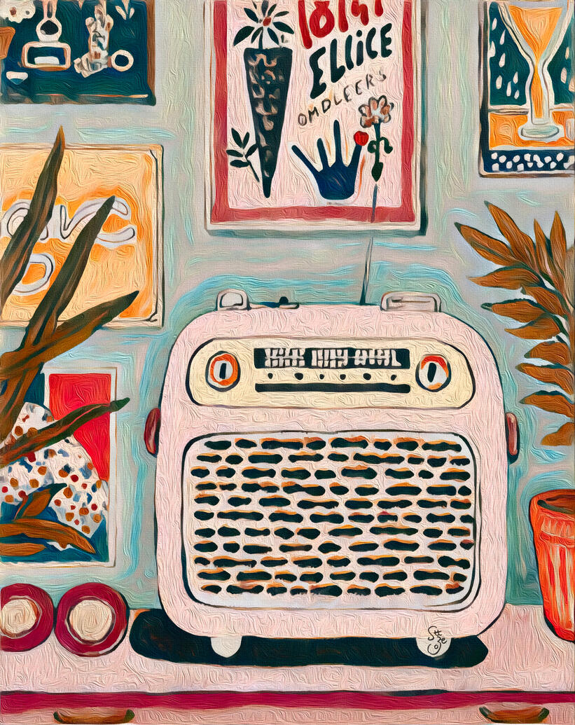 A clean, high-resolution digital poster of the Creamy Bandwidth retro radio art against a soft background.