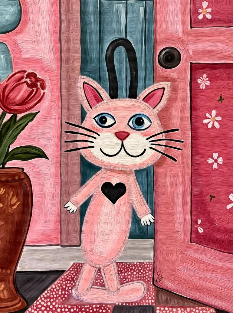 Painting of a pink cat with a black heart in a room with pink and dusty green walls, pink floral door and a vase with flowers. The cat has a mischievous and inviting expression on its face.