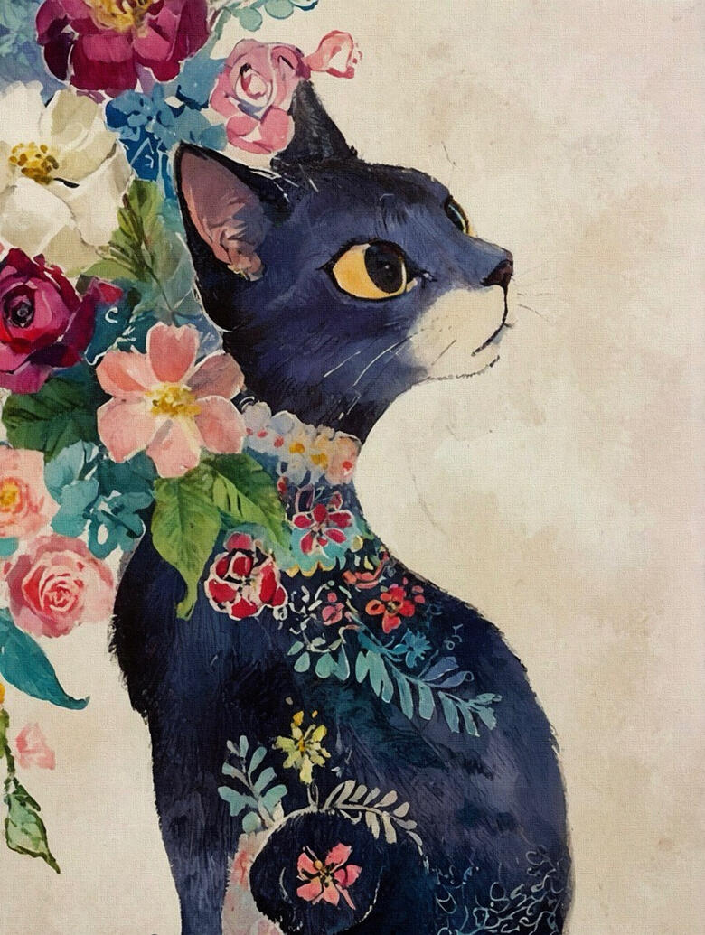 Artistic illustration of a black cat with floral and fern patterns like tattoos on its fur. The cat is leaning in some Vintage lush bouquet to its left. That cat looks elegant and immersed in its own mind space. Hover text ‘the demure gaze.’.