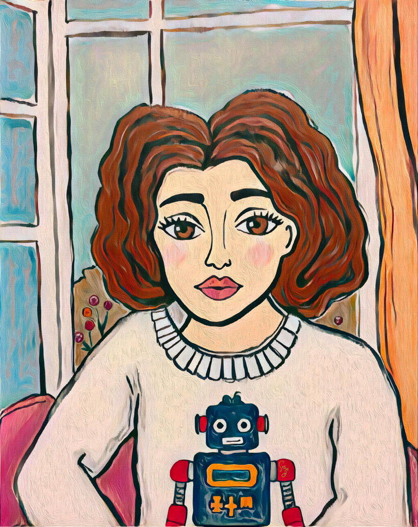 A young woman with a melancholic gaze wearing a sweater with a robot motif. Looks like she is listening patiently. petal colours, tactile brushstrokes.