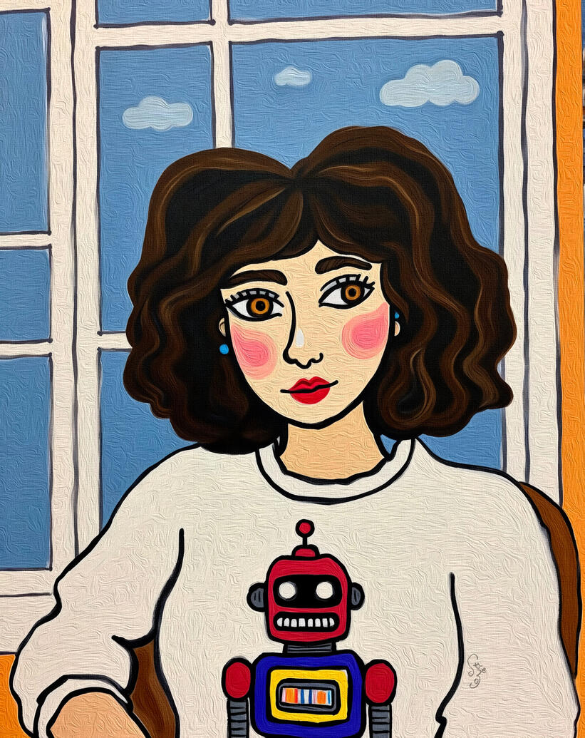 Illustration of a rosy cheek female wearing a sweater with a robot design, sitting in front of a window with clouds. Artist szeto signature on the sweater sleeve.