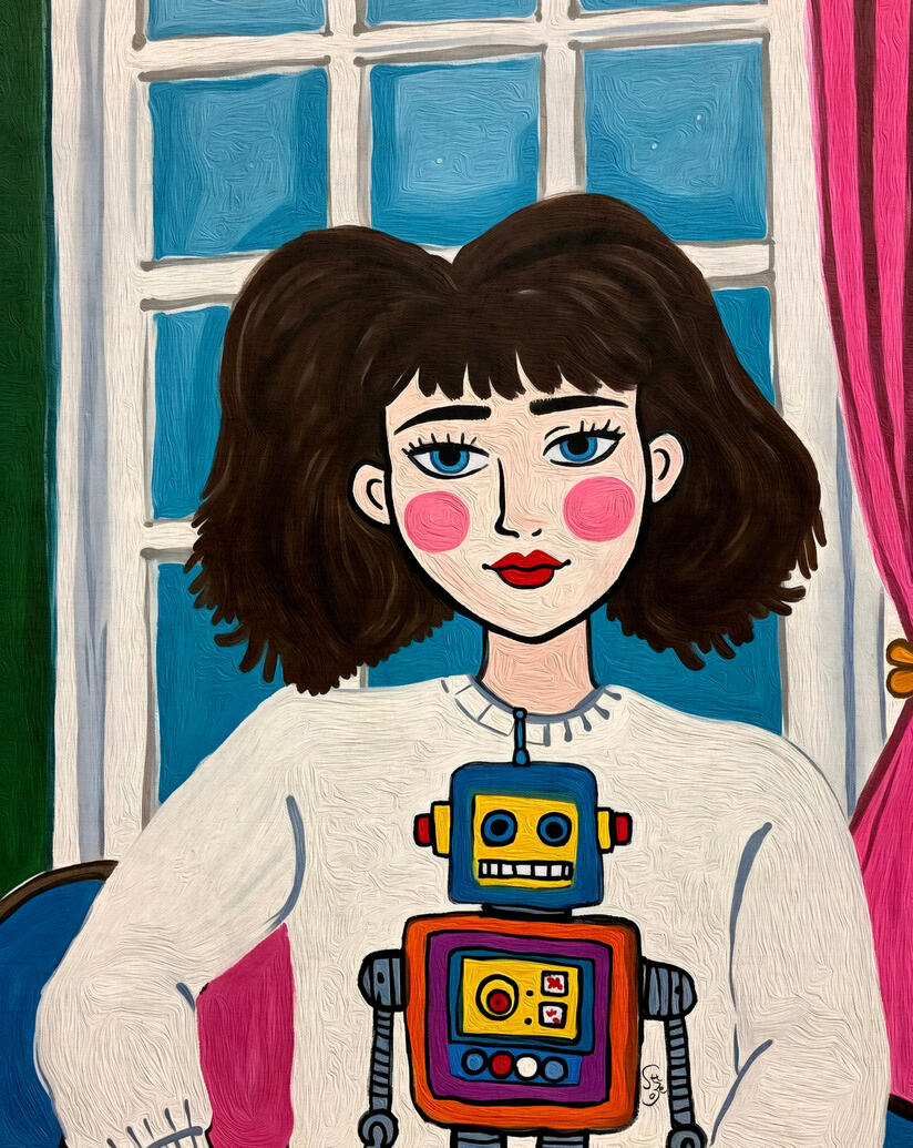Illustration of a female pink cheek blue eyes red lips wearing a sweater with a retro robot design, set against a window background. She looks doubtful.