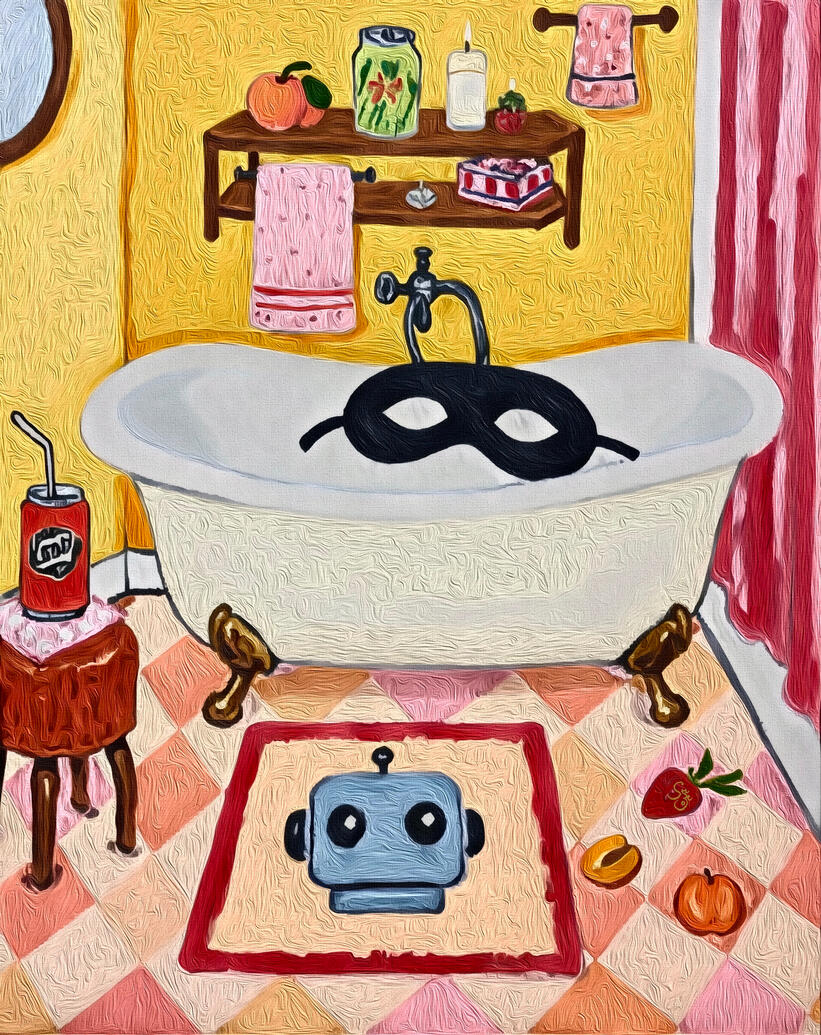 A digital painting of a cozy bathroom with a yellow bathtub. A black sleeping mask sits on the edge. Warm, textured brushstrokes. Artist szeto signature hidden in the strawberry.