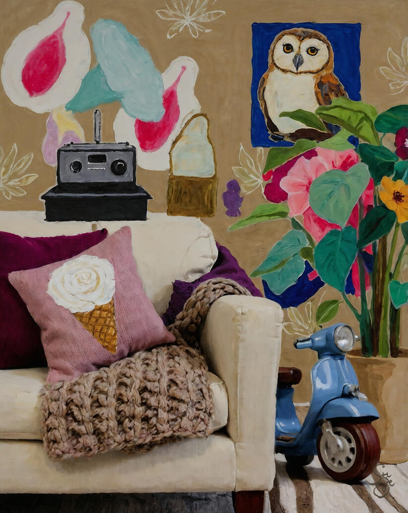 colourful Canvas painting featuring Living room with a couch with cushions and knitted throw, golden papaya wallpapers, toy car, and decorative items including an owl painting and sculpture.