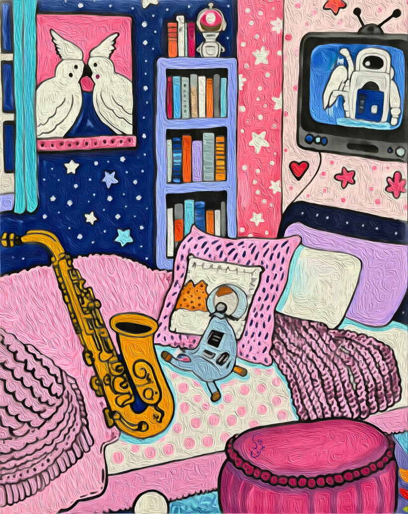 Colorful, quirky and trippy illustration of a bedroom with a saxophone, pink cushions and ottoman, books, and a television. On the wall, there’s a portrait of two cockatoo birds kissing. TV is featuring a close up on an astronaut. Wallpaper has scatteri