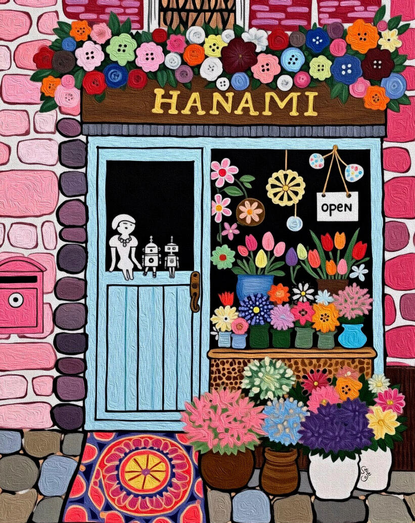 Colorful illustration of a shop named 'Hanami' with flowers and a 'Open' sign. Brick Wall in mixed shades of pink. A small character and 2 tiny robots are sitting on the wooden door seemingly sharing a story. Artist szeto signature hidden in a white flowe