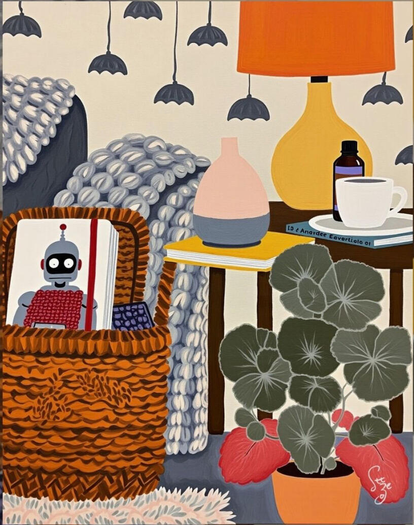 Illustration of a cozy room with a notebook with puzzled robot cover, a basket, a diffuser, books, a lamp,councg with knitted throw and plants.