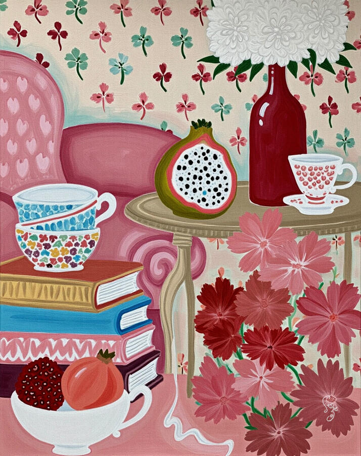A romantic, sweet still life painting of a tea table with white flowers in a burgundy bottle, cut dragonfruit on a vintage side table, cherry blossoms and old books, set against a floral patterned beige wallpaper.