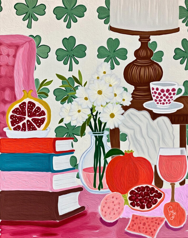 A romantic lazy still life painting of a tea table with white flowers in a glass bottle, pomegranate and books on a vintage side table, teacup and wine, set against a clover patterned green and beige wallpaper.
