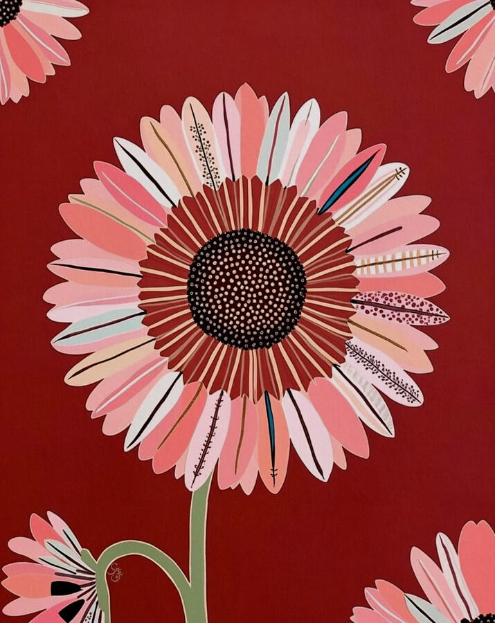 Red earth tone illustration of a giant pink daisy on a brick red green background with ’Sunset Parade'' text. The petals are infused with paddle board motifs. Artist szeto signature hidden next to flower