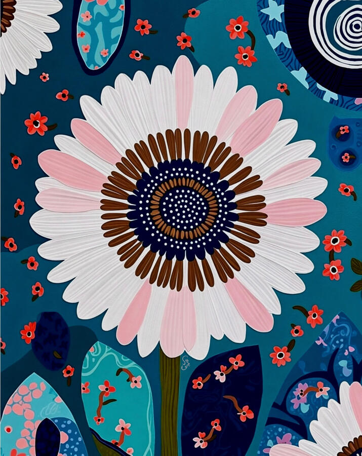 Colorful illustration of a giant white pink daisy on a teal blue background with ’Summer Night Rhapsody'' text. The background is infused with ditsy flowers, slippers, spiral sun and patchwork motifs. Artist szeto signature hidden next to flower