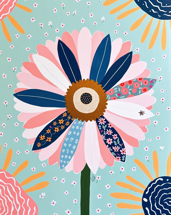 Colorful illustration of a giant blue and pink daisy on a minty background with ‘Morning Dew' text. The petals are infused with surf board and patchwork motifs. Spiral sun motifs at the four corners. Artist szeto signature hidden next to flower