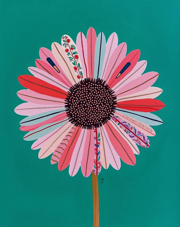 Colorful illustration of a giant pink daisy on a teal green background with 'Surf Diva' text. The petals are infused with surf board and patchwork motifs. Artist szeto signature hidden next to flower