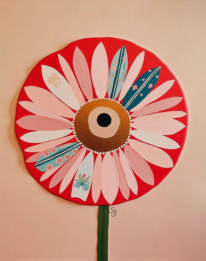 Minimalist illustration of a red daisy on a light beige background with ‘Coastal Echo' text. The petals are infused with surf board and paper craft motifs. Artist szeto signature hidden next to flower