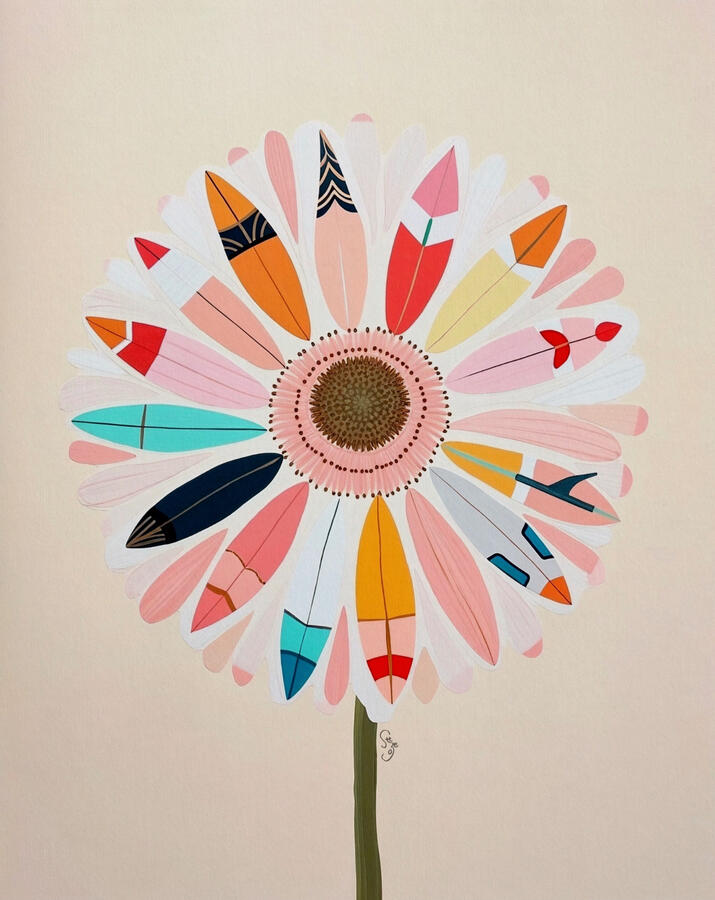 Happy illustration of a rainbow coloured daisy on an off white background with ’Summer Secrets' text. The petals are infused with surf board and feather motifs. Artist szeto signature hidden next to flower
