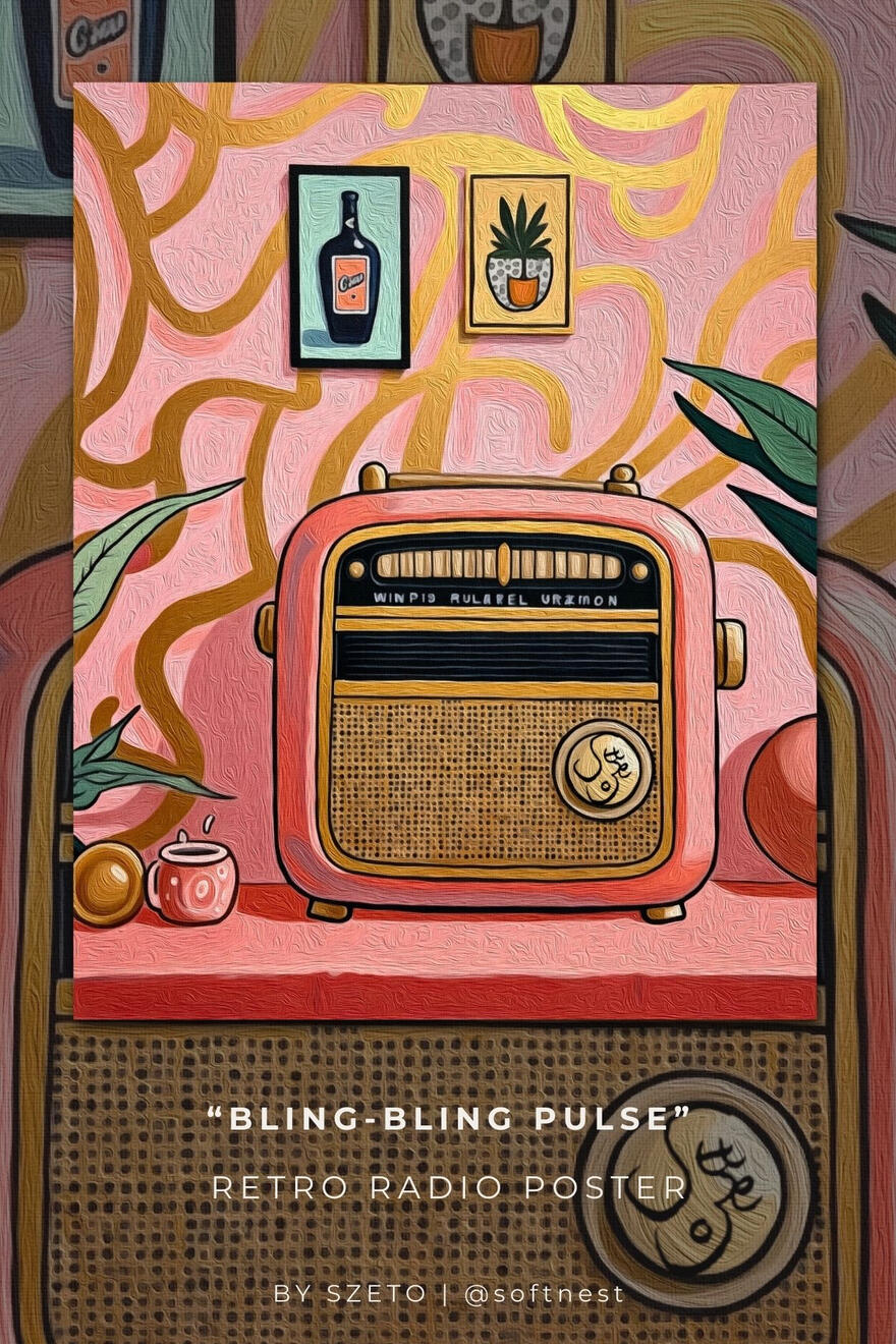 Acrylic art of a large stylized pink retro radio against a gold sail pink wall. Text ‘by szeto' at the bottom.