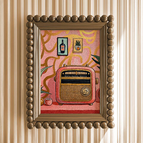 A digital oil painting of a vintage pink radio framed by thick, brush gold colour, bubble-like jewels against a dark, moody background.