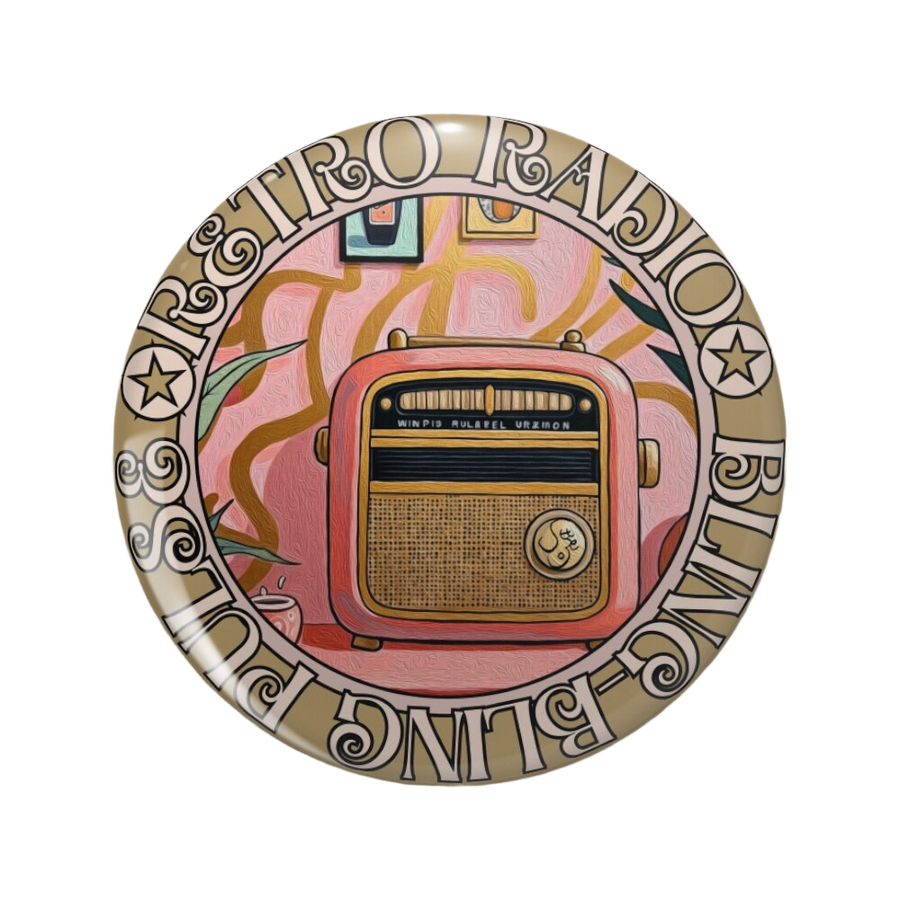 An ornate round pinback button close up, containing an illustration of a pink and gold retro radio against a gold swirl pink wall.