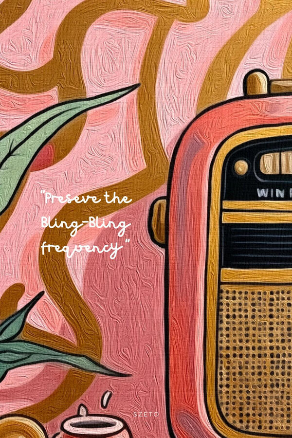 Close-up of a textured painting with "preserve the Bling-Bling frequency" written in red across a radio's vibrant surface.