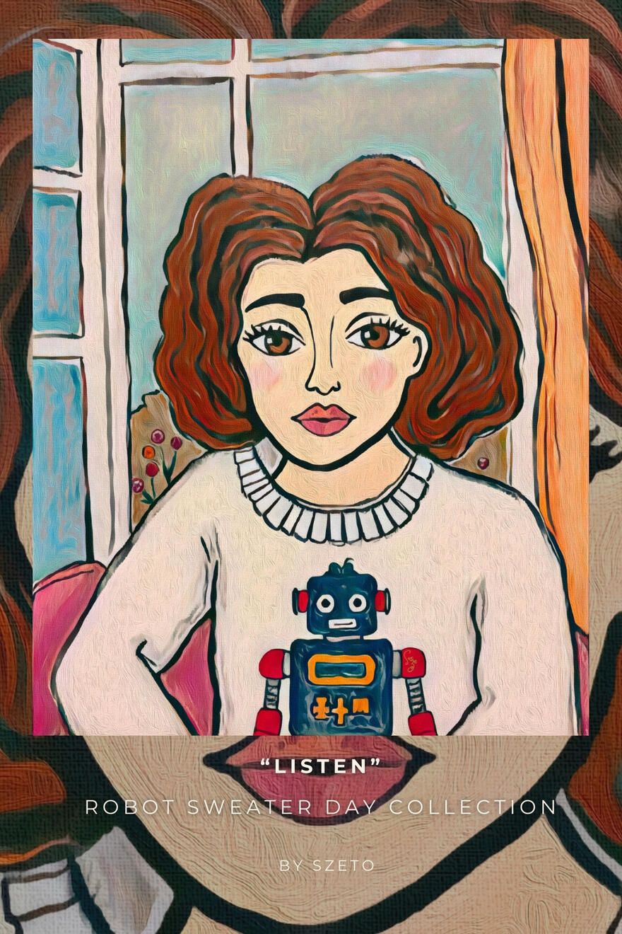 An indie style painting featuring a young woman with a melancholic gaze wearing a sweater wit. These ‘by szeto @softnest' at the bottom.