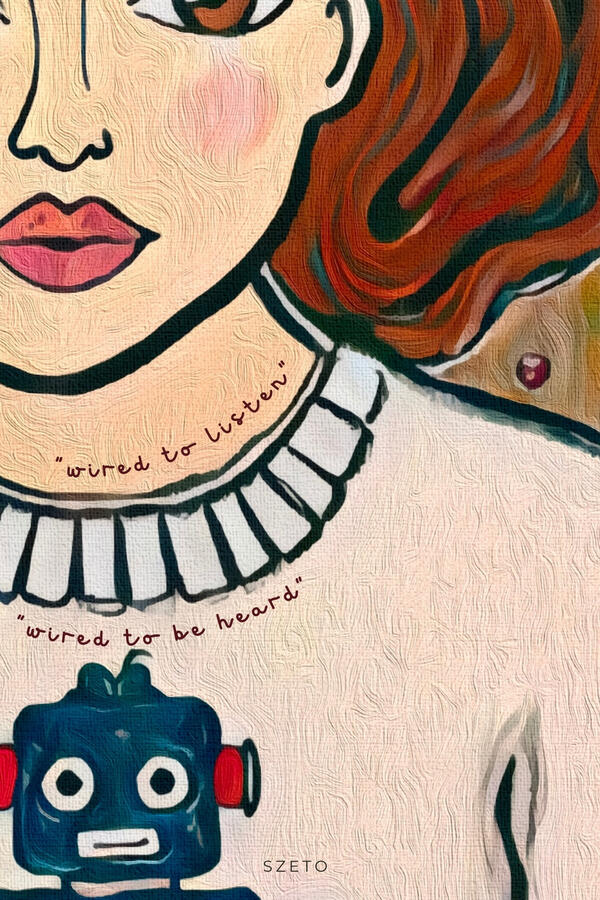Macro shot of an oil-painted robot character on a cream-colored sweater worn by a lady with pink lips and cheek. Hover text “Collect the vibe on Spotify”.