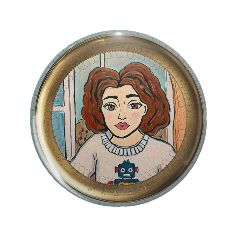 An ornate round pinback button close up, containing an illustration of the girl in white robot sweater.
