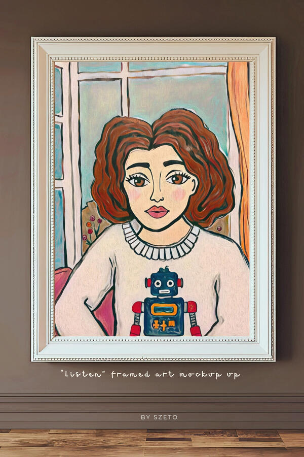 The portrait of the girl in white robot sweater framed against a warm, neutral background.