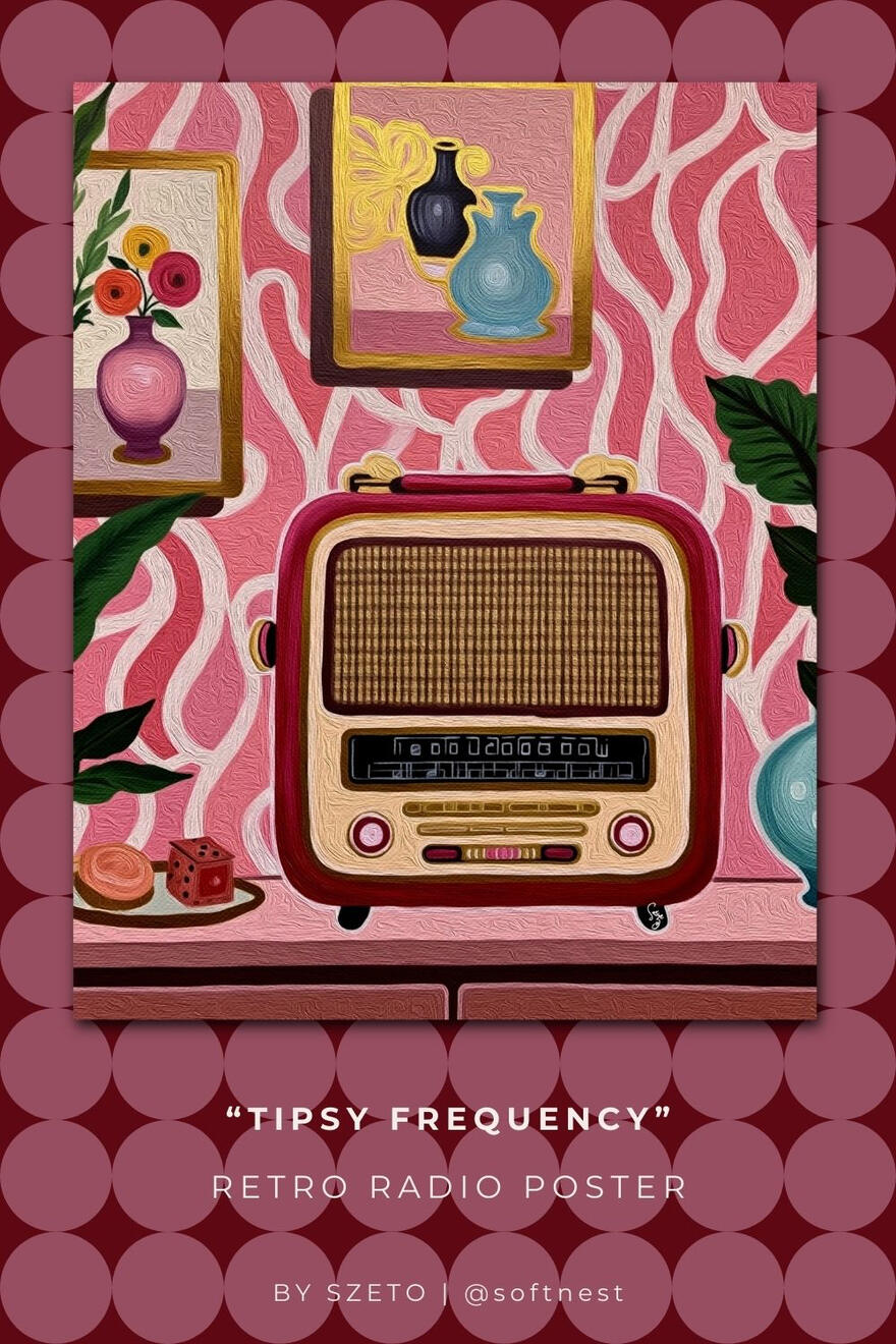 A nostalgic poster of a burgundy radio on a retro geo background. The artwork features wavy cream patterns and bold retro typography. Text ‘by szeto @softnest' at the bottom.