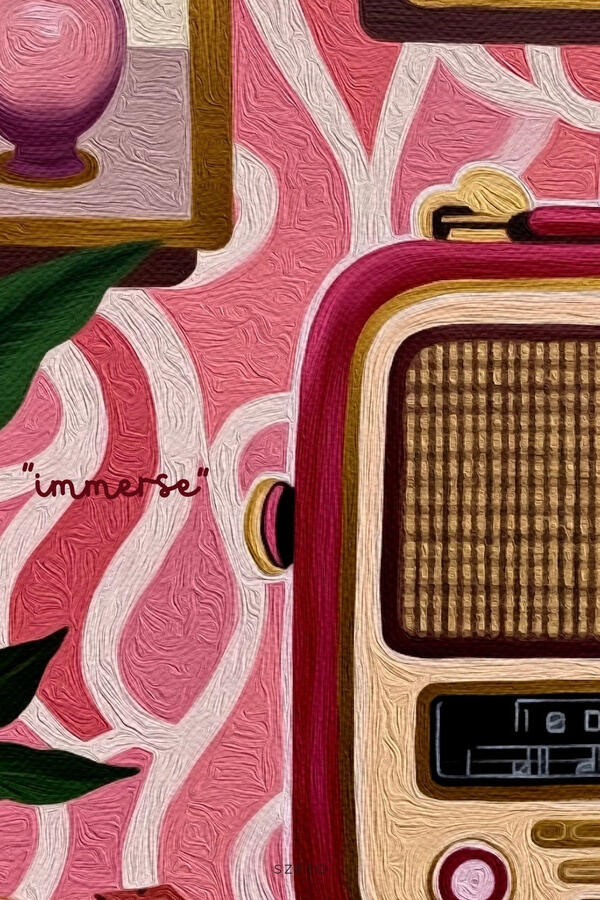 Macro shot of a textured impasto painting of a burgundy and gold vintage radio, framed by a bold deep pink beaded mockup. Text “immerse” in the middle. Hover text “Collect the vibe on Spotify”.