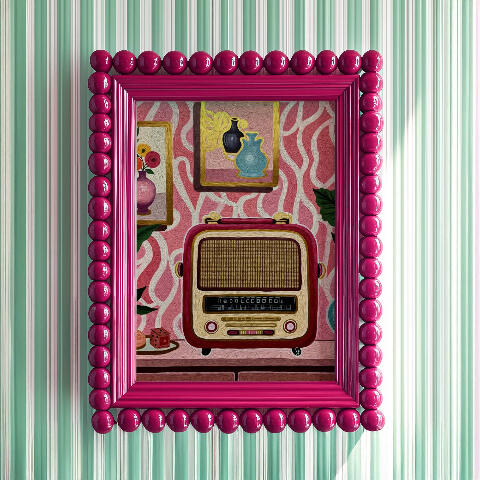 A textured impasto painting of a burgundy and gold vintage radio, framed by a bold deep pink beaded mockup. High contrast and artistic vibes. artist szeto signature hidden in radio