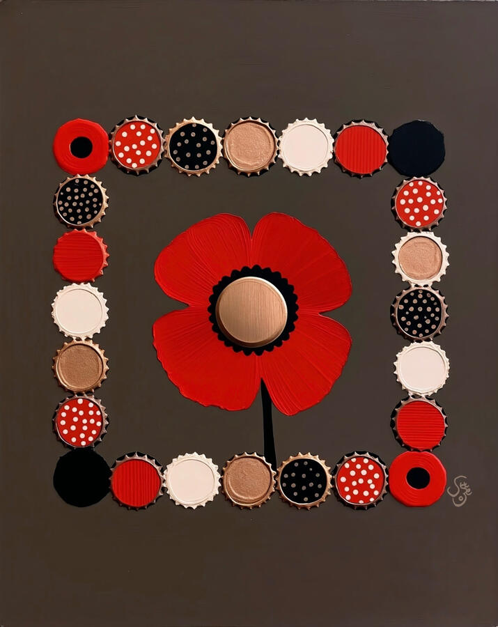 Artistic depiction of a red poppy flower surrounded by assorted playful polka dots bottle cap patterns on a brown background.